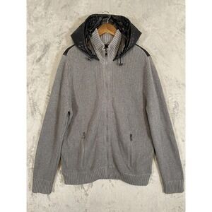 INC International Concepts Jacket Mens XL Gray Black Knit Puffer Hooded Full Zip